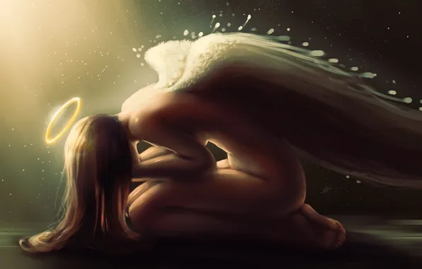 Картинка девушка, крылья, ангел, арт, нимб, густь