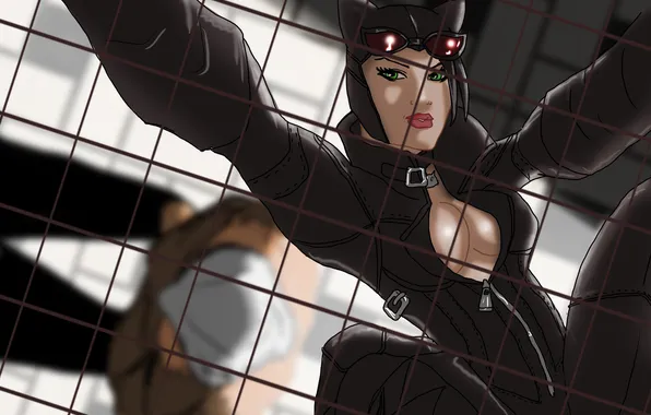 Картинка кошка, глаза, взгляд, решетка, зеленые, костюм, Catwoman, selina