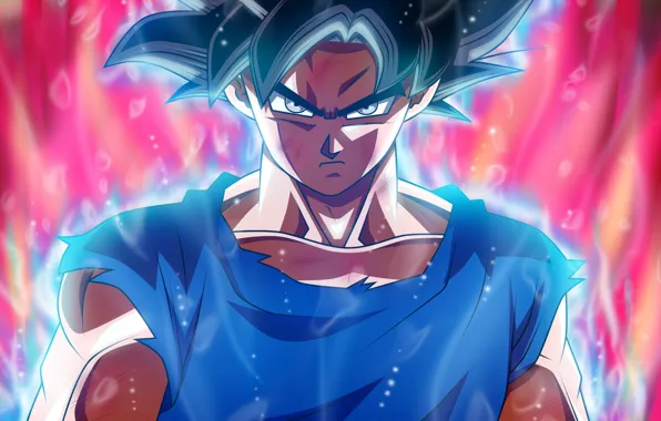 Взгляд, парень, красный фон, Dragon Ball, Драконий жемчуг, аура силы