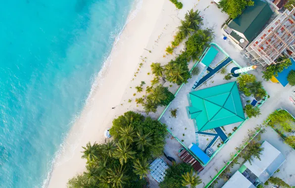 Beach, people, houses, white sand, drone