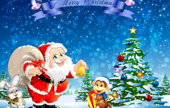 Картинка елка, заяц, обезьяна, Рождество, Новый год, Санта Клаус, Christmas, snow