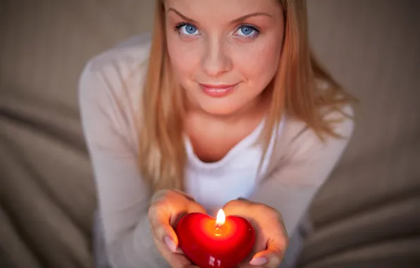 Взгляд, лицо, романтика, свеча, руки, heart, candles, Valentines Day