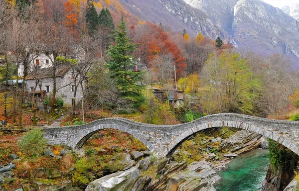 Картинка осень, деревья, горы, мост, дом, река, камни, скалы
