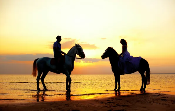 Море, девушка, закат, побережье, лошади, парень