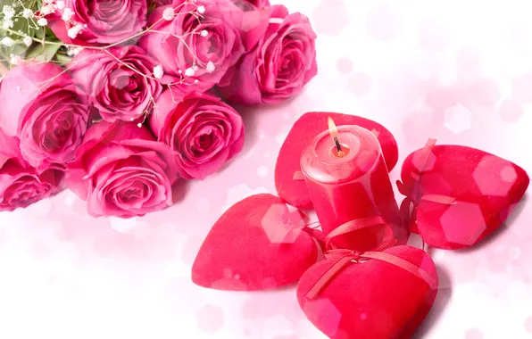Картинка цветы, розы, свеча, букет, сердца, красные, розовые