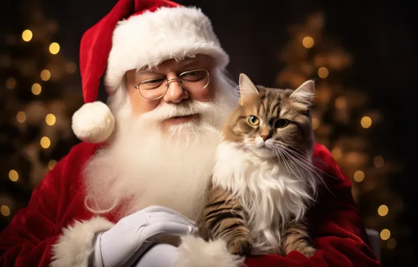 Кошка, кот, котенок, доброта, портрет, Рождество, Новый год, Санта Клаус