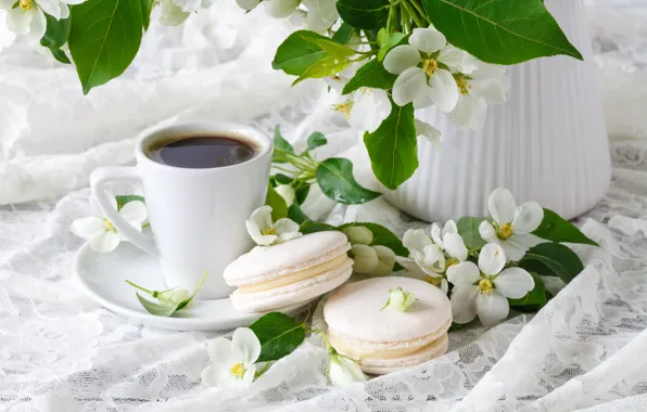 Картинка листья, цветы, кофе, весна, ткань, пирожное, макаруны