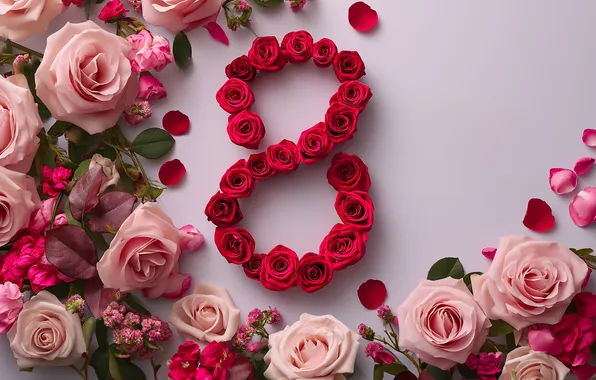 Картинка цветы, розы, цифра, happy, 8 марта, pink, flowers, spring