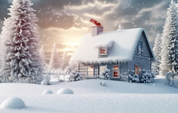 Картинка зима, снег, lights, Новый Год, мороз, Рождество, хижина, rustic