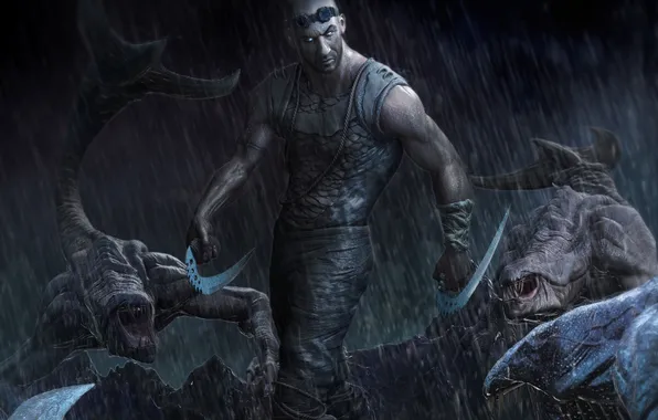 Картинка дождь, арт, монстры, мужчина, Riddick