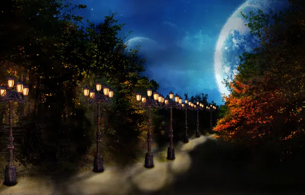 Картинка дорога, осень, небо, ночь, сумрак, Фонари