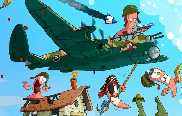 Картинка самолет, веревка, пилот, динамит, мина, Worms, Червячки