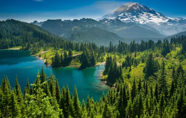Лес, деревья, горы, озеро, Mount Rainier, Каскадные горы, Eunice Lake, Washington State
