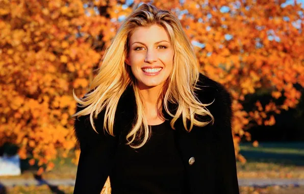 Осень, лицо, улыбка, дерево, блондинка, пальто, Faith Hill