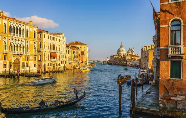 Город, дома, лодки, Италия, Венеция, собор, канал, катера