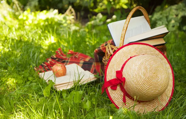 Картинка лето, трава, природа, корзина, книги, яблоко, шляпа, шляпка
