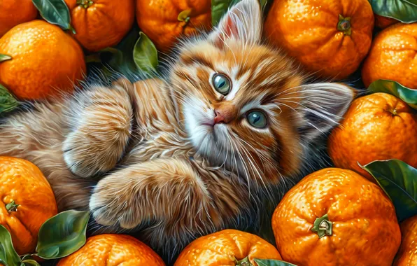 Кошка, Котенок, Кошки, Кот, Апельсин, Мандарин, Апельсины, Мандарины