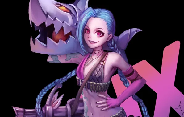 Девушка, оружие, арт, косички, League of Legends, LoL, Jinx