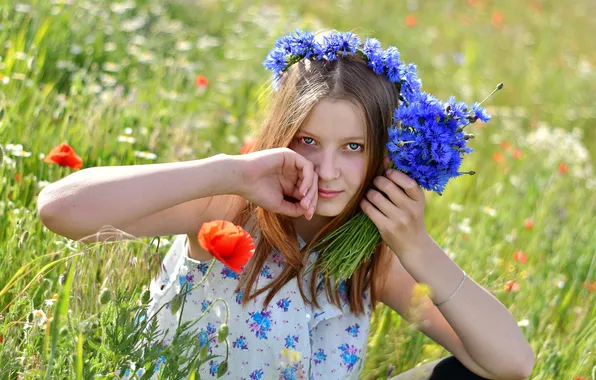 Поле, лето, взгляд, девушка, цветы, природа, поза, настроение