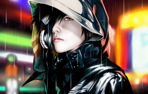 Картинка дождь, маска, капюшон, парень, токийский гуль, Tokyo Ghoul