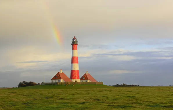 Небо, трава, маяк, Германия, Germany, Schleswig-Holstein, Westerhever, Westerheversand Lighthouse