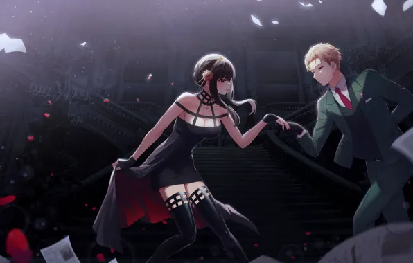 Anime, red eyes, men, women, brunette, castle, digital art, fan art