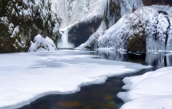 Картинка зима, лес, снег, река, водопад