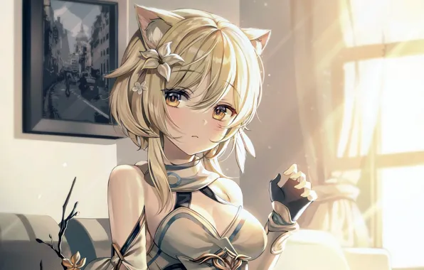 Girl, sexy, cleavage, blouse, boobs, animal ears, anime, beautiful