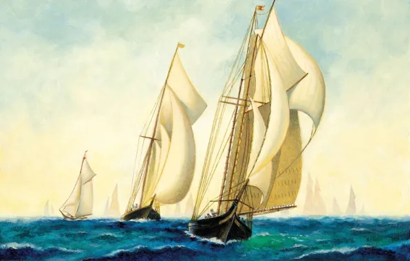 Картинка море, корабли, арт, флот, painting, эскадра, парусников.