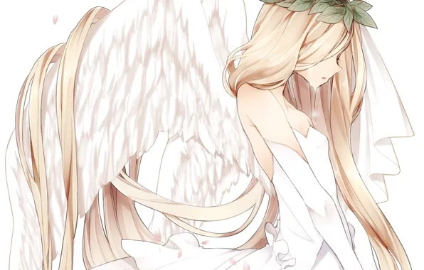 Картинка листья, девушка, крылья, ангел, аниме, лепестки, сакура, слезы