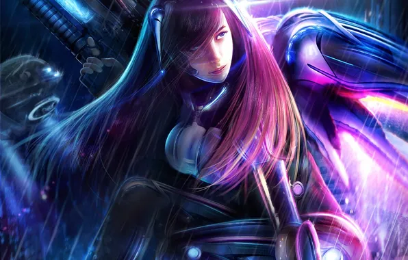 Девушка, оружие, дождь, крылья, арт