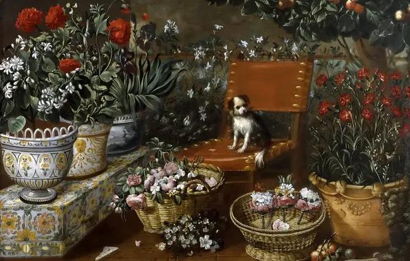 Картинка цветы, дерево, картина, плоды, стул, вазон, Томас Хепес, Уголок Сада с Собакой