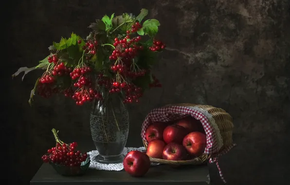 Листья, ветки, ягоды, темный фон, яблоки, букет, плоды, красные