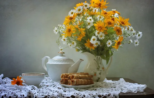 Чай, букет, чайник, трубочки