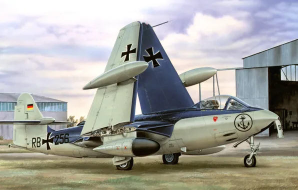 Картинка истребитель-бомбардировщик, ФРГ, Hawker Sea Hawk, Bundesmarine, истребитель ВМС, федеральный флот, британский одноместный палубный