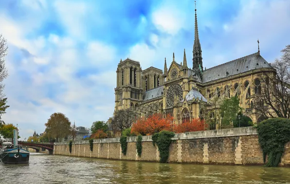Картинка небо, река, Франция, Париж, Сена, собор Парижской богоматери