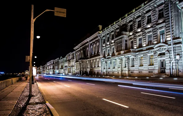 Ночь, подсветка, фонари, Санкт-Петербург, набережная, огни города, Saint Petersburg