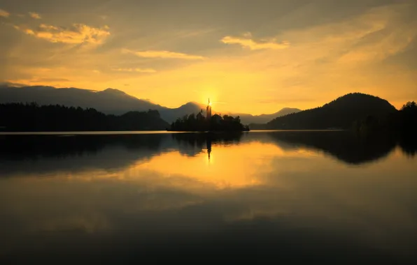 Картинка озеро, рассвет, церковь, Словения, Блед