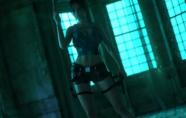 Грудь, девушка, пистолет, шортики, lara croft, tomb raider