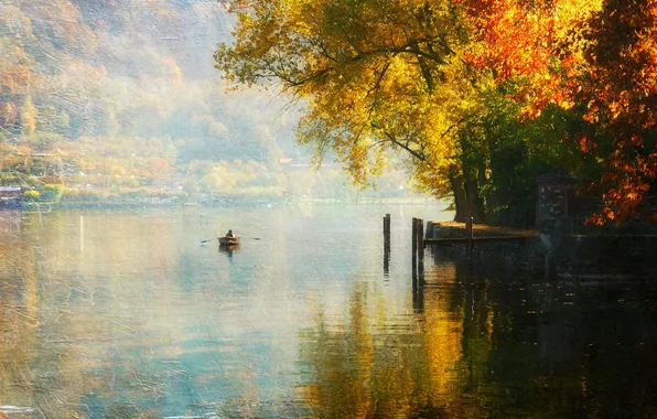 Картинка осень, деревья, озеро, лодка, склон