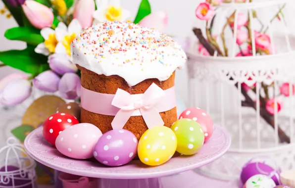 Яйца, Пасха, тюльпаны, cake, кулич, выпечка, tulips, глазурь