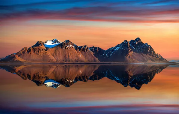 Картинка nature, sunset, mountains, clouds, orange, reflection, Iceland, Stokksnes