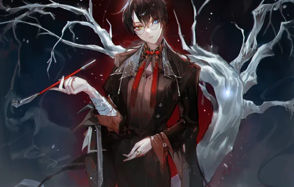 Ночь, дерево, дым, мундштук, парень, гетерохромия, Kimihiro Watanuki, xxxHOLiC