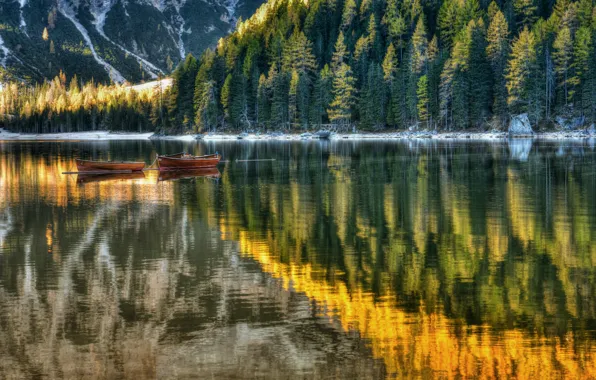 Картинка лес, озеро, лодки, Италия, Italy, Доломитовые Альпы, Южный Тироль, South Tyrol