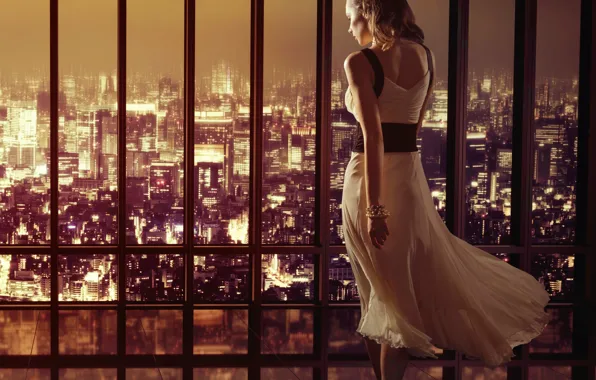 Город, здания, платье, окно, панорама, ночной город