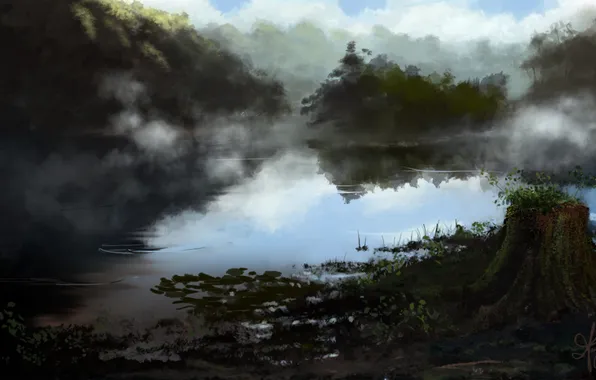 Картинка деревья, туман, озеро, пруд, пень, растения, утро, арт