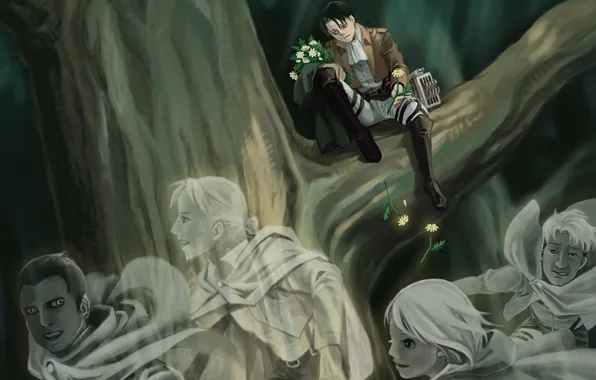 Картинка цветы, парень, призраки, Attack on Titan, Shingeki no Kyojin, Rivaille, Levi