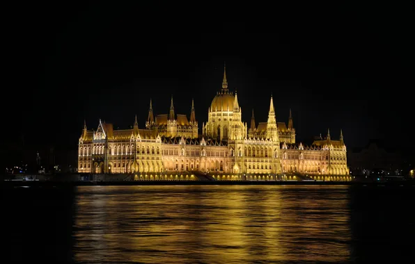 Вода, ночь, огни, отражение, река, столица, Венгрия, Будапешт