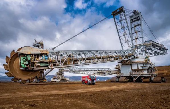 Fire truck, excavator, coal mine