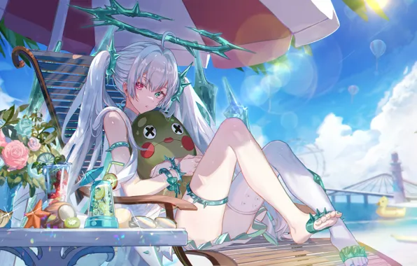 Пляж, лето, девушка, цветы, игрушка, Luna, Punishing: Gray Raven, KANOSE